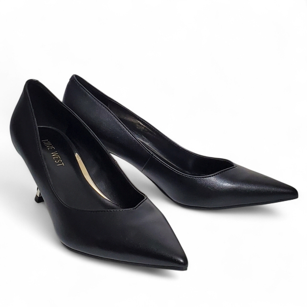 New Nine West Andes kitten heel dress pumps black faux leather career academia - Picture 6 of 13